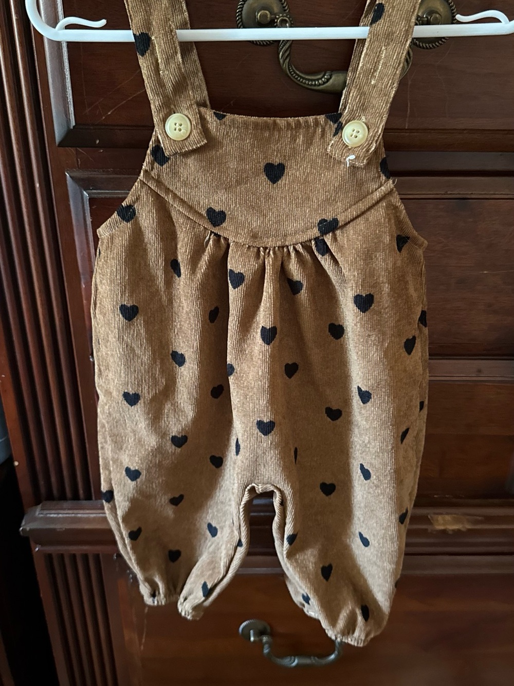 Brown Heart-Print Corduroy Overalls for Kids with Adjustable Straps
